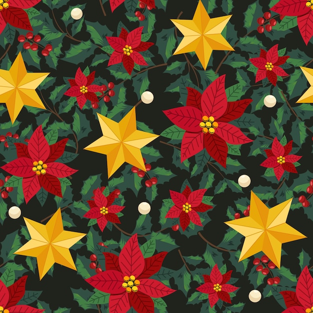 Vector kerstmisbloemen en de decoratieve stijl van de kroonklimop met tak en bladeren, naadloos patroon