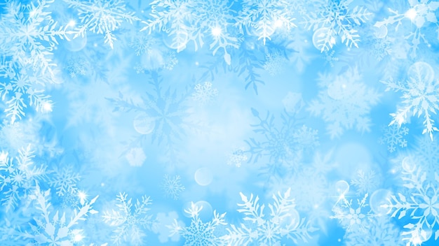 Kerstmisillustratie met witte vage sneeuwvlokken, schittering en fonkelingen op lichtblauwe achtergrond