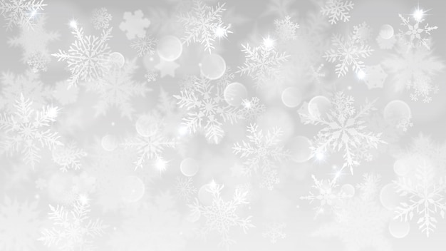 Kerstmisillustratie met witte vage sneeuwvlokken schittering en schittert op grijze achtergrond