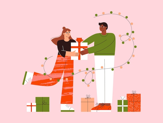 Kerstpaar van mensen vector plat illustratie Meisje geeft een kerstcadeau aan vriendje