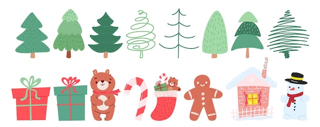 Vector kerstpakket met de hand getekend cartoon cadeau beer peperkoek man huis kerstman sok sneeuwman karamel