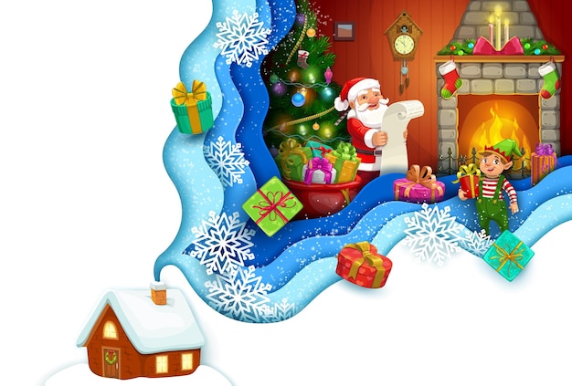 Kerstpapier gesneden open haard interieur en de kerstman met wenslijst Vector 3d gelaagde frame xmas viering met grappige kerstman en hulp personages binnen de rook gevormde grens lezen brief