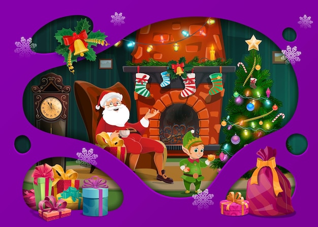 Kerstpapier gesneden open haard interieur en Kerstman in stoel Vector dubbele expositie 3D-frame voor kerstviering met grappige vader Noel en elf thuis met versierde dennenboom en geschenken in de vooravond