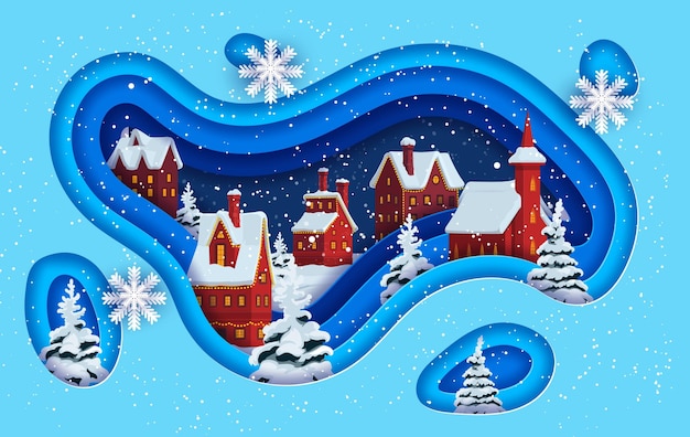 Kerstpapier gesneden wenskaart met winterstad en sneeuwvlokken Vector dubbele expositie 3d effect frame met platteland stadsgezicht vooravond nachtscène met huisjes en sparren onder sneeuwval