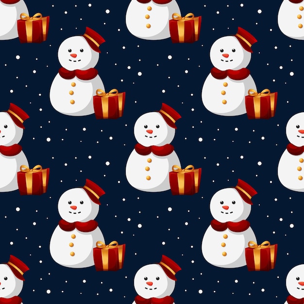 Kerstpatroon met cartoon sneeuwpop met cadeau en sneeuw op donkerblauwe achtergrond