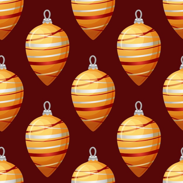 Kerstpatroon met gouden kerstboomspeelgoed in cartoonstijl op donkerrode achtergrond