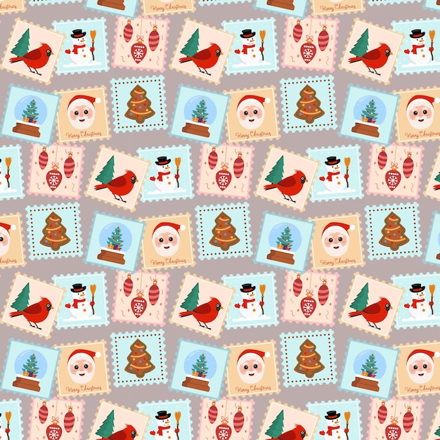 Vector kerstpatroon met postzegels kleurrijke vectorillustratie in platte stijl voor achtergrond