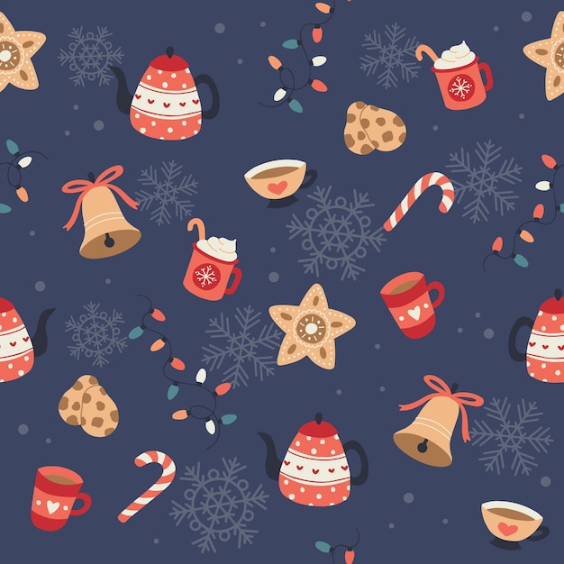 Kerstpatroon met schattige belletjes, theepotten en kopjes. Feestelijke achtergrond met handgetekende elementen, vectorillustratie