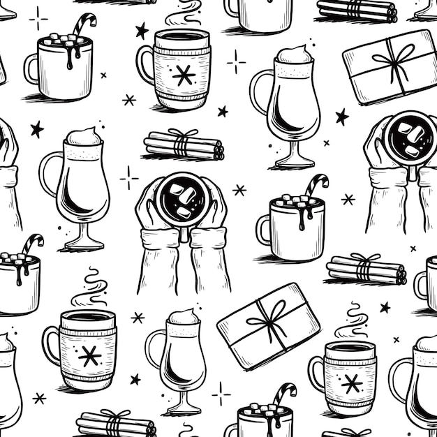 Kerstpatroon met warme drank van winterkoffie, thee, chocolade. hand getrokken doodle schets stijl. drinkbeker, mok met wintersjaal. vector illustratie.