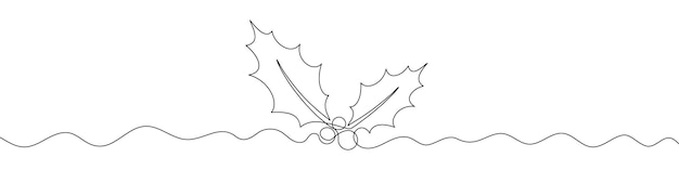 Kerstplant in doorlopende lijntekeningstijl Lijntekeningen van hulstbladeren met bessen