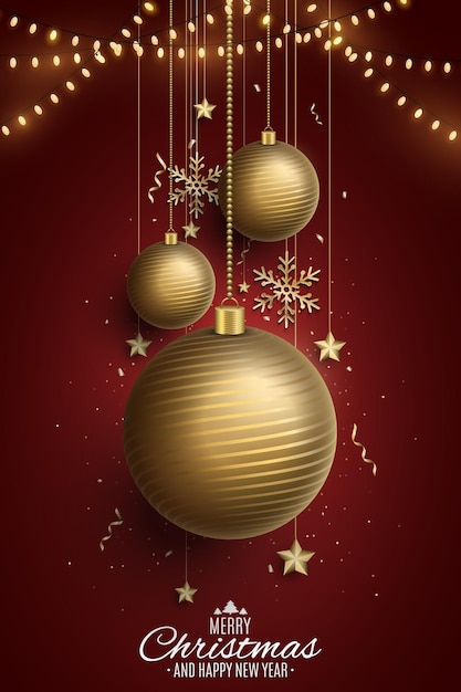 Vector kerstposter met gouden versieringen van glinsterende hangende ballen confetti sneeuwvlokken sterren en gloeiende kransen gelukkig nieuwjaar banner vector illustratie eps 10