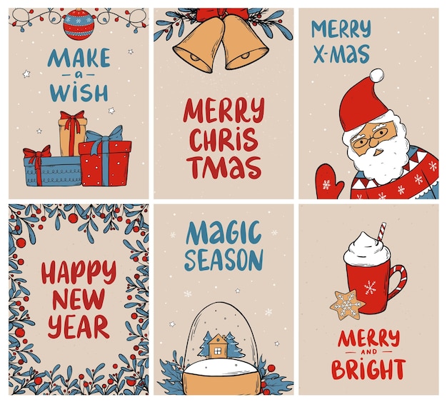 Kerstposters wenskaarten banners uitnodigingen collectie versierd met doodles en citaten