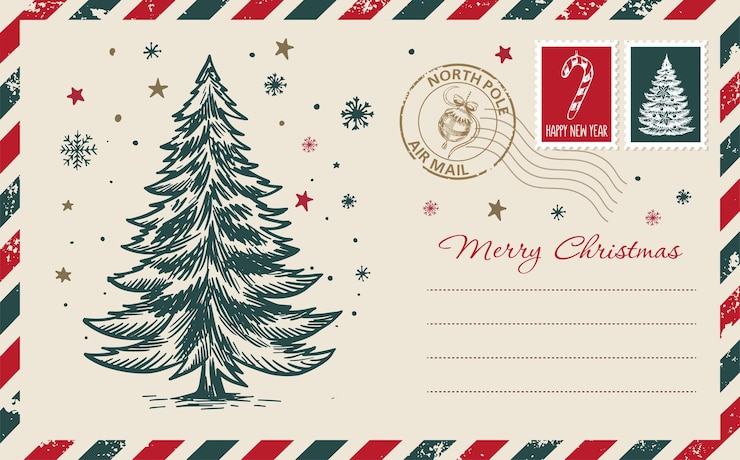 Vector kerstpostkaart met handgetekende illustratie