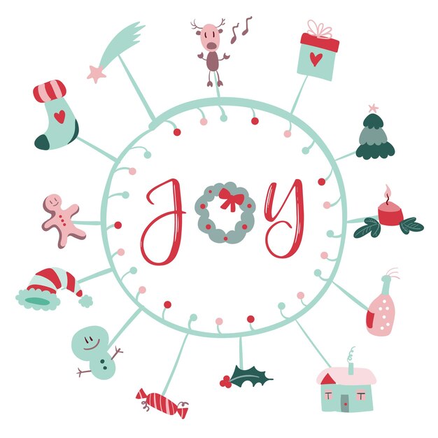 Kerstpostkaart met vrolijke kerstkrabbels en moderne kerstinsignes callygraphic logo vector