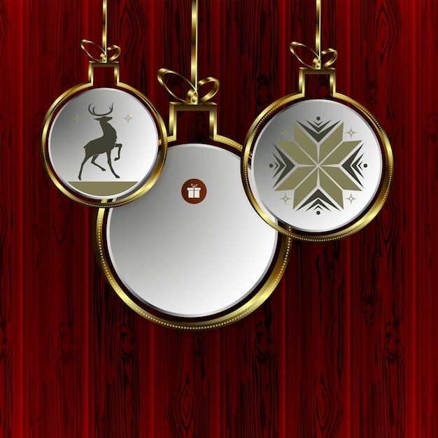 Vector kerstrood ontwerp met afbeeldingen van ballen met een gouden rand en silhouetten van herten en sneeuwvlokken