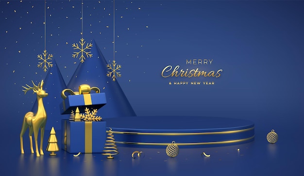 Kerstscène en 3D rond platform met gouden cirkel op blauwe achtergrond Leeg voetstuk met herten sneeuwvlokken ballen geschenkdoos gouden metalen kegelvorm dennen sparren vectorillustratie