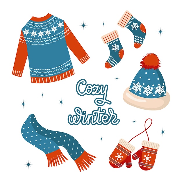 Kerstset van kleding, trui, sokken, muts, sjaal en wanten. rood en blauw ontwerp met sneeuwvlok