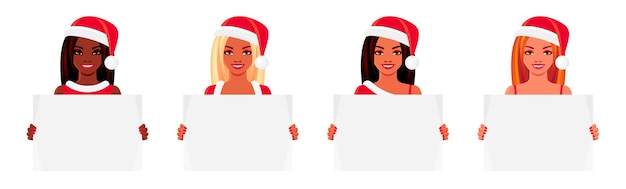 Vector kerstset van lachende jonge vrouwen. afro-amerikaanse en europese meisjes die in santa claus-hoeden leeg aanplakbiljet houden