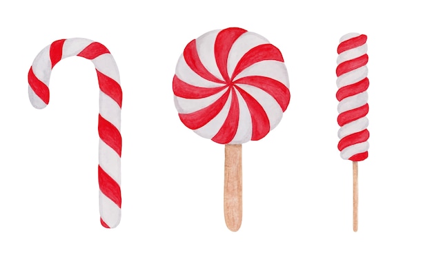 Kerstset van lollies suikerriet aquarel