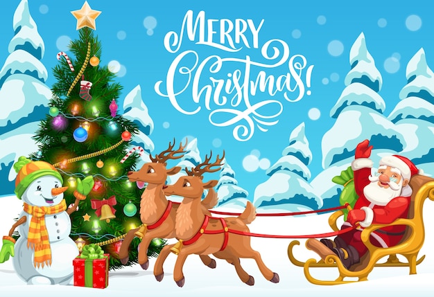 Kerstslee met kerstman, sneeuwpop en kerstboomontwerp. Kerstman levert kerstcadeaus en cadeautjes met rendieren, sneeuw en ster, sok, ballen en lichten, sneeuwvlokken, linten, snoepjes