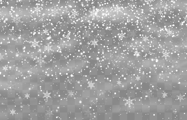 Kerstsneeuw, zware sneeuwval, witte sneeuwvlokken die in de lucht vliegen, sneeuwstorm, vector geïsoleerd op png