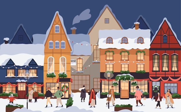 Kerststad levensstijl. mensen die op kerstavond op straat van de europese oude stad lopen, bereiden zich voor op de wintervakantie. gezellige europa-gebouwen, huizen met nieuwjaarsdecoratie. platte vectorillustratie