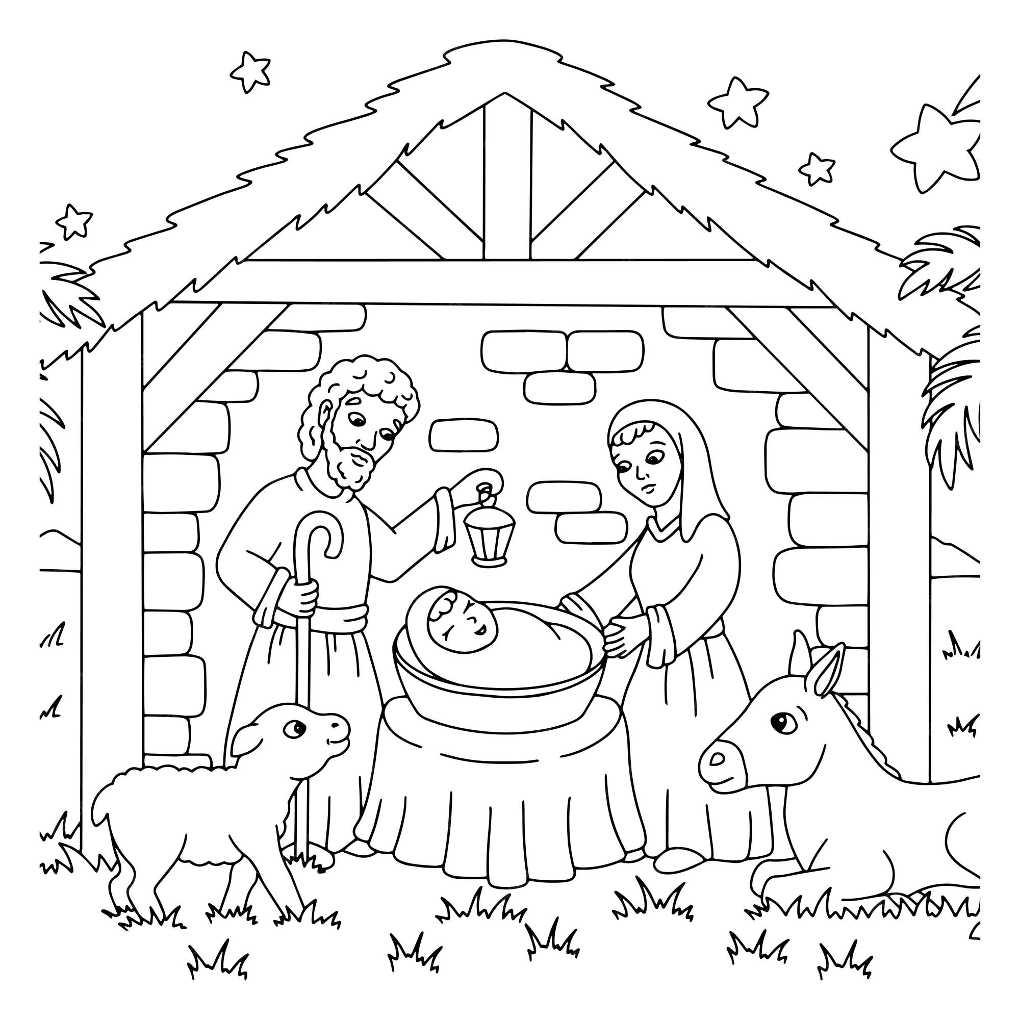 Kerststal Boek kleurplaat voor kinderen Cartoon stijl karakter