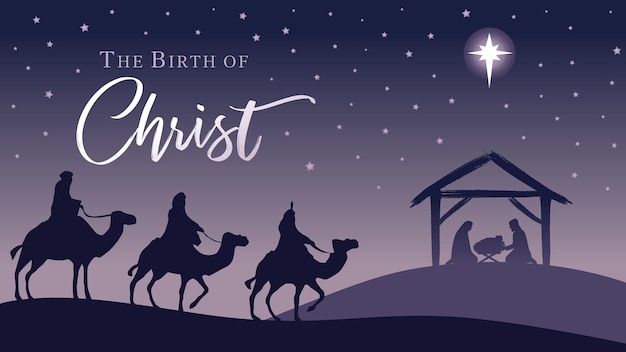 Kerststal - silhouet Jezus in kribbe, wisemen en Bethlehem-ster. Vector illustratie