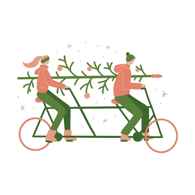 Kerststemming van funy familie paar vrouw rit op tandem fiets met man vervoer kerstmis ...