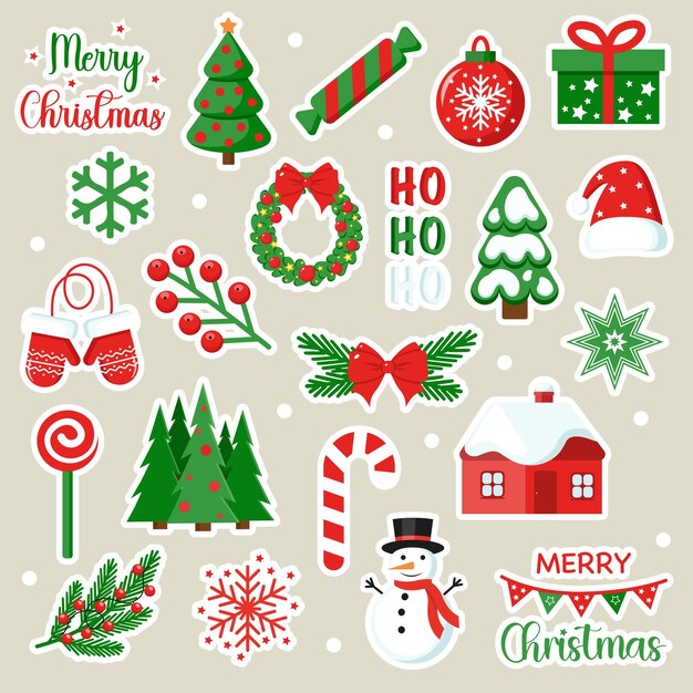 Vector kerststickers collectie kerstversiering vakantiecadeaus snoep kaarsen sterbomen ve