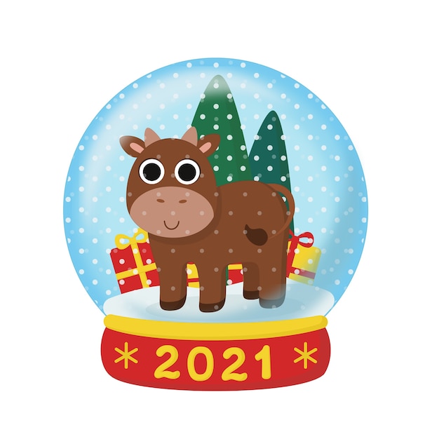 Kerststier in een sneeuwbol. illustratie met het symbool van het nieuwe jaar 2021.