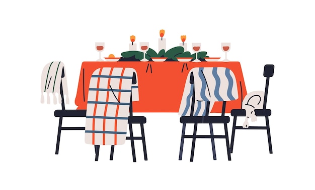 Kersttafel voor feestelijk diner, feestmaaltijd. Kerst- en nieuwjaarsversieringen, kaarsen, decor, servies voor feestviering. Vlakke vectorillustratie geïsoleerd op witte achtergrond.