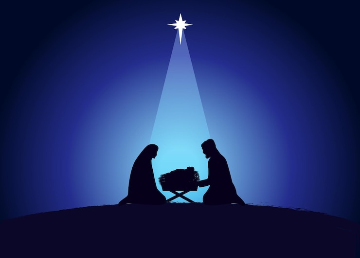 Vector kersttafereel van baby jezus in de kribbe met maria en jozef silhouetten, lege blanco voor tekst.