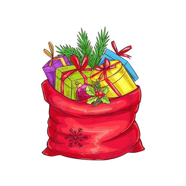 Kersttas met cadeautjes, kerstboom en hulst. illustratie in schetsstijl.