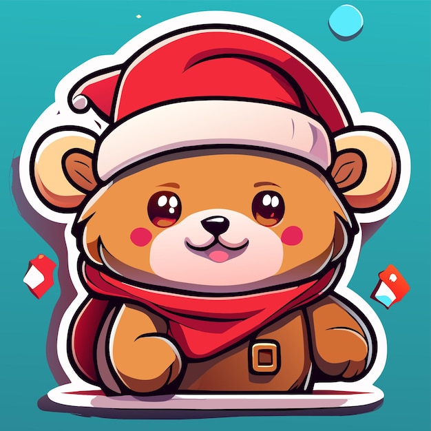 Kerstthema met beer en geschenk met de hand getekend vlakke stijlvolle cartoon sticker icoon concept