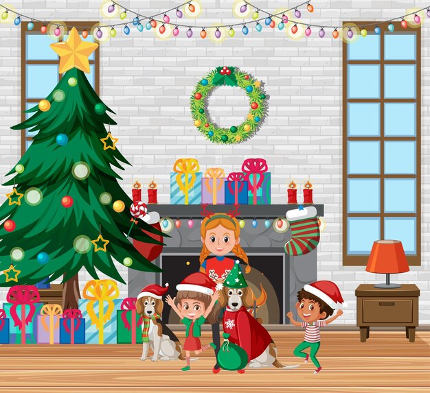 Vector kerstthema met kinderen en cadeautjes