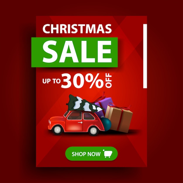 Kerstuitverkoop, tot 30% korting, rode verticale kortingsbanner met knop en rode vintage auto met kerstboom