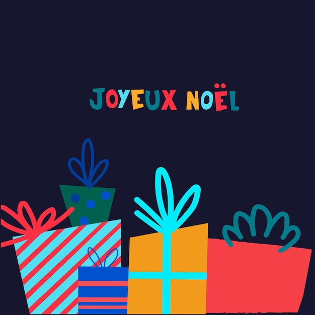 Kerstvakantie presenteert geschenkpakketten Hand getekende vectorillustratie op donkere achtergrond Wenskaart ontwerpsjabloon Tekst in het Frans zegt Merry Christmas