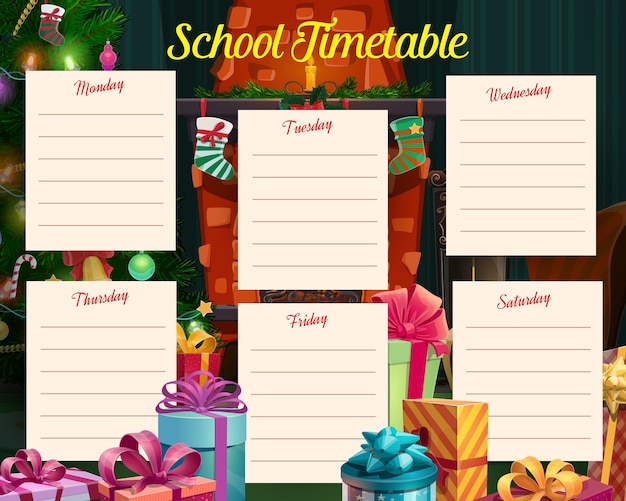 Kerstvakantie schooltijdschema met geschenken en kous op open haard. Studieprogramma, viering planner wekelijkse schemasjabloon met versierde kerstboom, cartoon ingepakte cadeaus