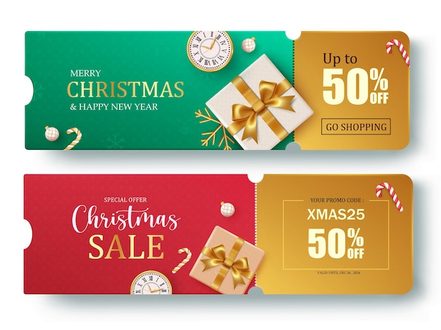 Kerstverkoop voucher set vector banner Kerstcadeau korting coupon collectie voor vakantie