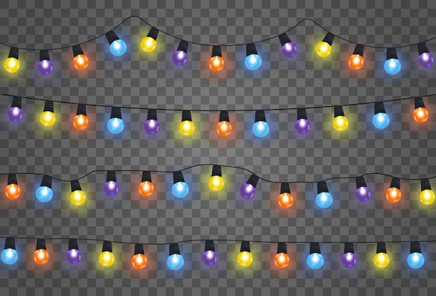 Vector kerstverlichting geïsoleerd realistische ontwerpelementen. slingers met gekleurde bollen.