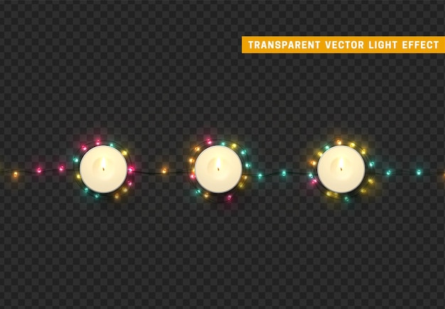 Kerstverlichting geïsoleerde decoratieslinger en kaarsen. Lampen schijnen gekleurde Neon led-lamp. Kerstvakantie decor. Realistisch 3D-ontwerp lichteffect. Nieuwjaar decoratief element. vectorillustratie