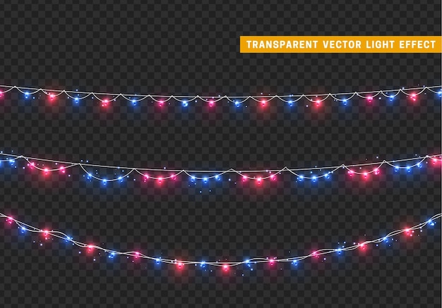 Kerstverlichting geïsoleerde realistische ontwerpelementen. Xmas gloeiende lichten. Kerstversiering slingers. Vector illustratie