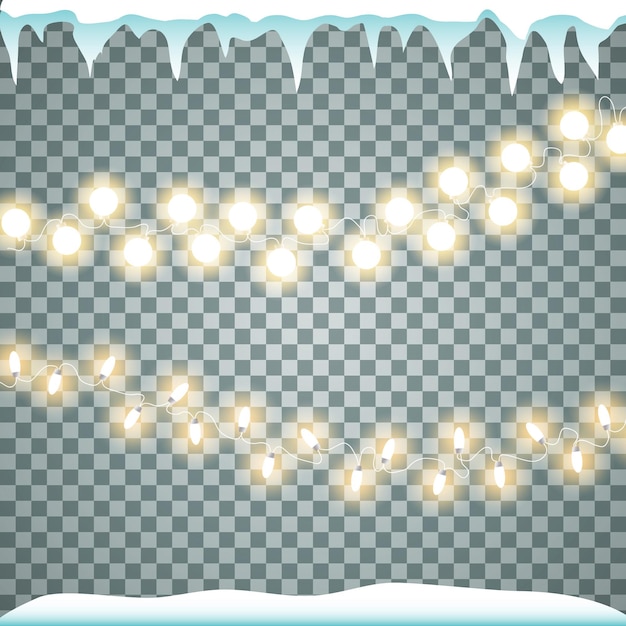 Kerstverlichting Kleurrijke kerstslinger Vector gloeilampen op draden met ijspegels en sneeuw Isolat