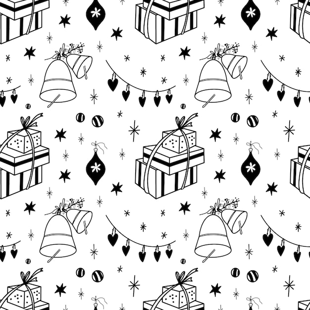 Kerstversiering doodle naadloze vector patroon achtergrond met geschenken klokken garland