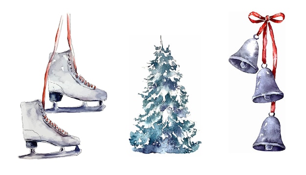 Kerstversiering gezellige thuisschaatsen, dennenboom, kerstklokken aquarel illustraties set