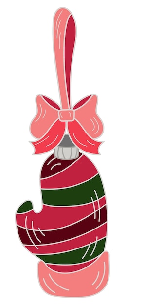 Kerstversiering met gestreepte roze en groene wanthandschoen aan een lint. Geïsoleerd op witte achtergrond