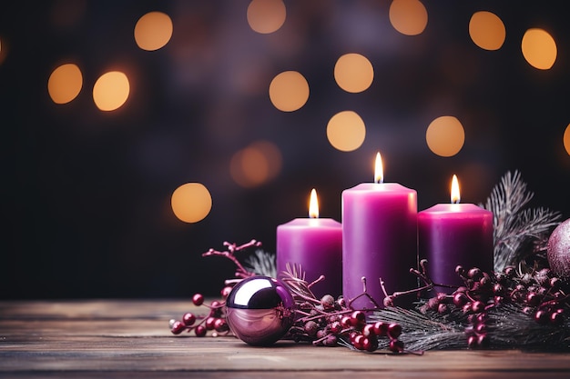 Kerstversiering met paarse kaarsen