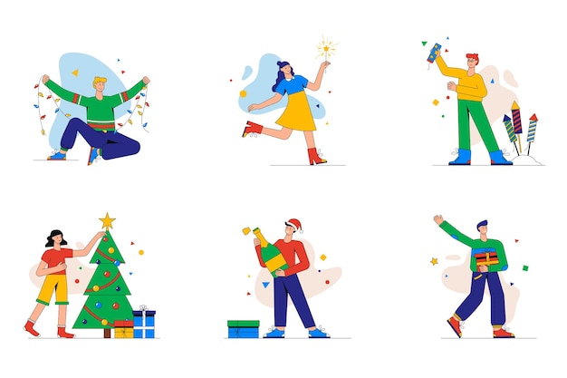 Kerstviering set mini concept of pictogrammen. Mensen versieren de boom met speelgoed, lichte sterretjes en vuurwerk, drinken en geven cadeau, moderne persoonsscène. Vectorillustratie in plat ontwerp voor web