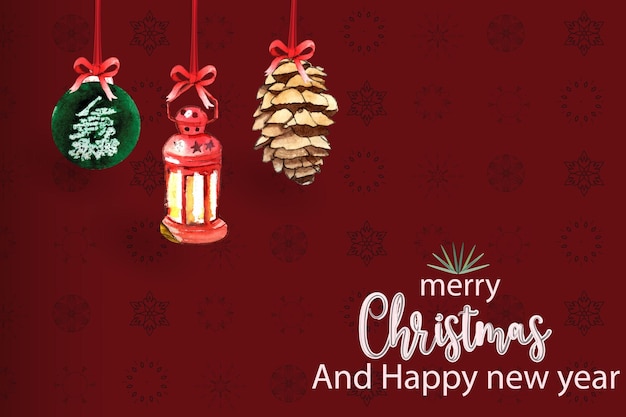 Kerstwenskaart met kerstbal, lantaarn, dennenappel, boog en mandala decoratie backgrod